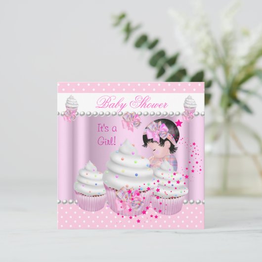 Baby shower Cute Girl Pink Cupcake Sprinkle Kaart (Staand voorkant)