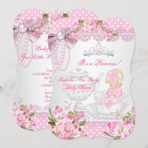 Baby shower Cute Girl Pink Rose Tea Party Kaart