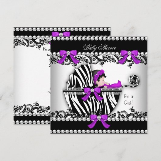 Baby shower Cute Girl Zebra Pram Pearl 3 Kaart (Voorkant / Achterkant)