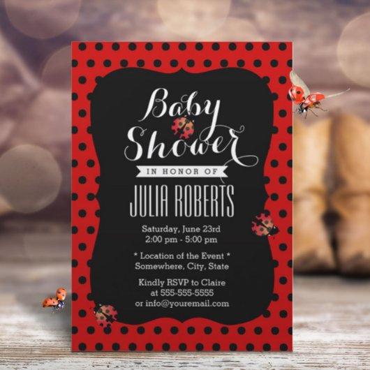 Baby shower Cute Ladybugs Black & Red Stippen Kaart