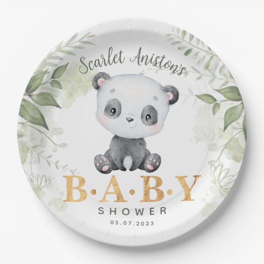 Baby shower Cute Panda Eucalipt Greenery Papieren Bordje (Voorkant)