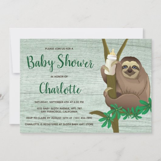 Baby shower Cute Sloth Rustic Green Wood Foto Kaart (Voorkant)