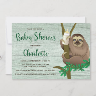 Baby shower Cute Sloth Rustic Green Wood Foto Kaart