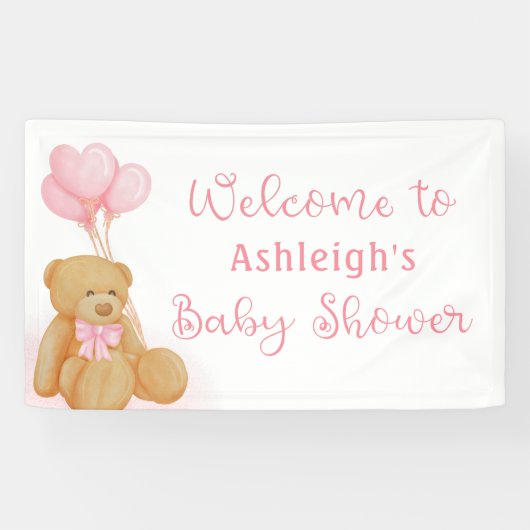 Baby shower Cute Teddy Bear Pink Heart Balloons Spandoek (Horizontaal)