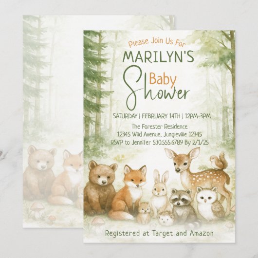 Baby Shower Cute Woodland Baby Animals Kaart (Voorkant / Achterkant)