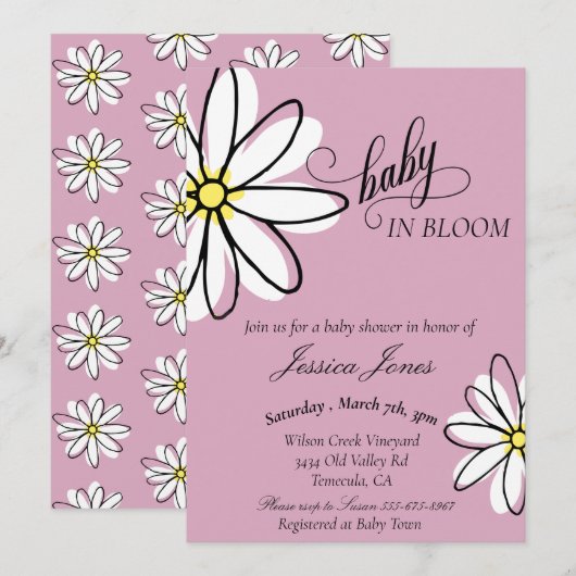 Baby shower Daisy Doodle Baby in Bloom Kaart (Voorkant / Achterkant)