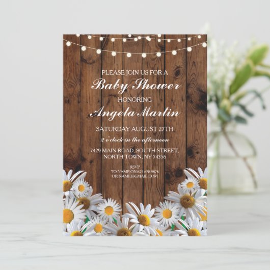 Baby shower Daisy Wood Rustic Lights Bloemen Uitno Kaart (Staand voorkant)