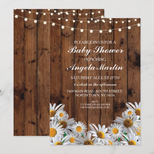 Baby shower Daisy Wood Rustic Lights Bloemen Uitno Kaart (Voorkant / Achterkant)