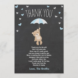 Baby shower Dank je kaart Teddy Bear Blue Cub Boy