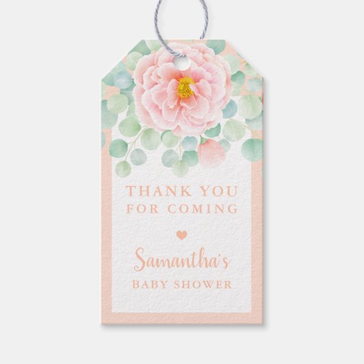 Baby shower Dank je wel Eucalyptus Twigs Peony Pea Cadeaulabel (Voorkant)