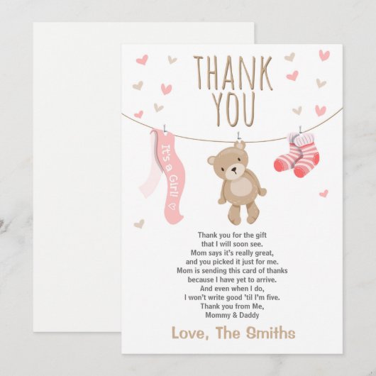 Baby shower Dank je wel Teddy Bear roze meisje Bedankkaart (Voorkant / Achterkant)