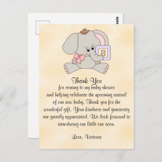 Baby shower dank u Baby Elephant Briefkaart (Voorkant / Achterkant)