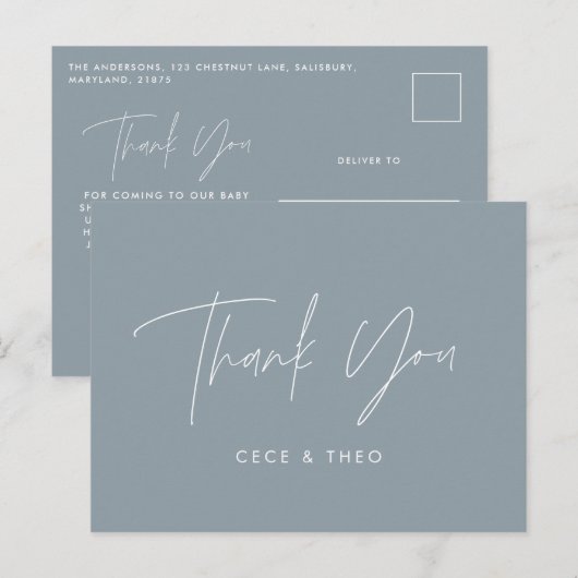 Baby shower dank u blauw elegant modern briefkaart (Voorkant / Achterkant)