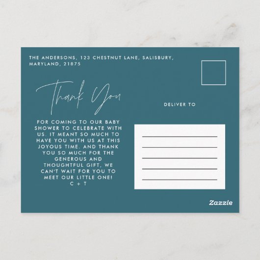 Baby shower dank u blauwgroen blauw elegant modern briefkaart (Achterkant)