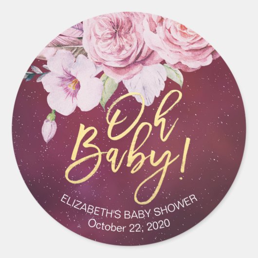 Baby shower Dank u Bloemenveren Bourgondië Rood Ronde Sticker (Voorkant)