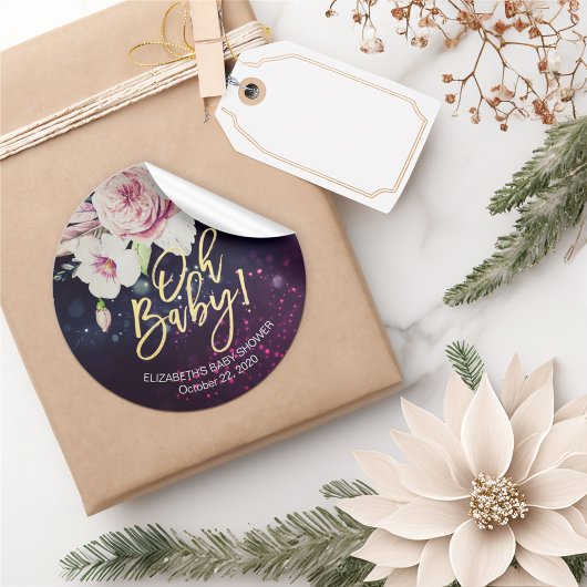 Baby shower Dank u Floral Feather Paarse Lights Ronde Sticker