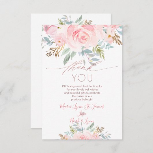 Baby shower Dank u Geboorte Blush Rozen Bedankkaart (Voorkant / Achterkant)
