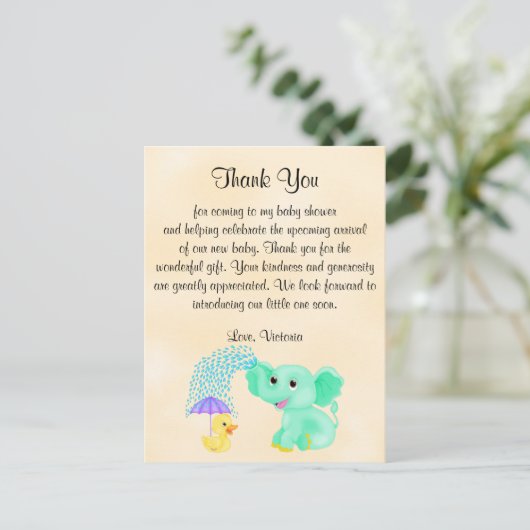 Baby shower Dank u genderneutrale olifant Briefkaart (Staand voorkant)