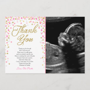 Baby shower Dank u Kaart Confetti Goud roze meisje
