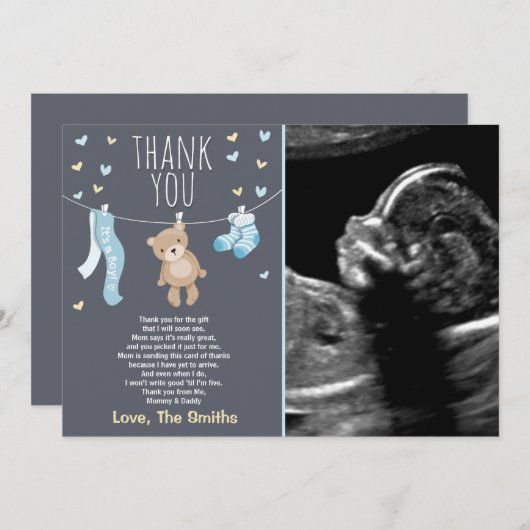 Baby shower Dank u kaart Teddy Bear Blauw (Voorkant / Achterkant)