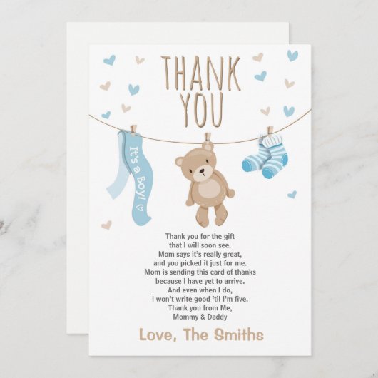 Baby shower Dank u kaart Teddy Bear blauw (Voorkant / Achterkant)