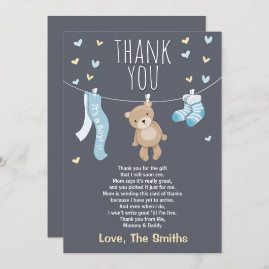 Baby shower Dank u kaart Teddy Bear blauw (Voorkant / Achterkant)