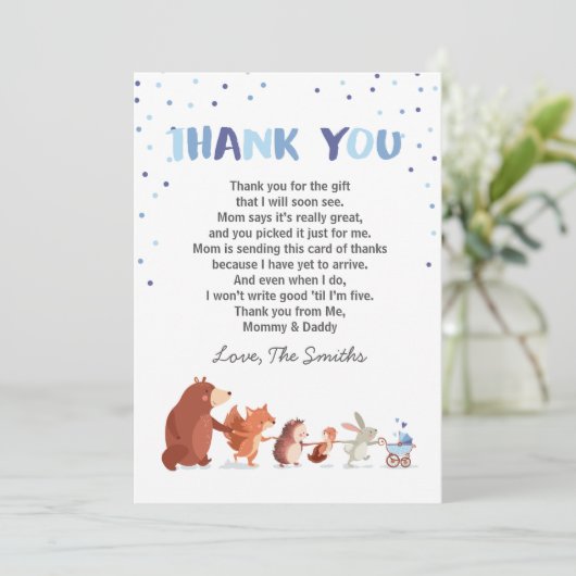 Baby shower Dank u kaart Woodland Boy Blue (Staand voorkant)