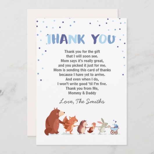 Baby shower Dank u kaart Woodland Boy Blue (Voorkant / Achterkant)