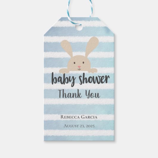 Baby shower Dank u konijnenblauw witte streep Cadeaulabel (Voorkant)