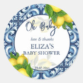 Baby shower dank u label blauw tegels citroen guns (Voorkant)