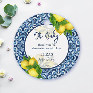 Baby shower dank u label blauwe tegels lemon Amalf