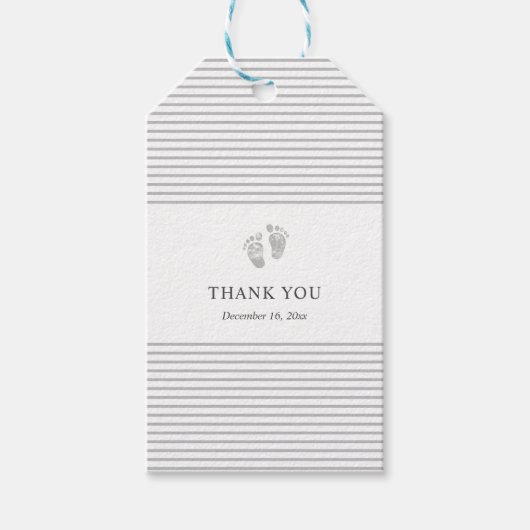 Baby shower Dank u Label | Grijze streep met voeta Cadeaulabel (Voorkant)