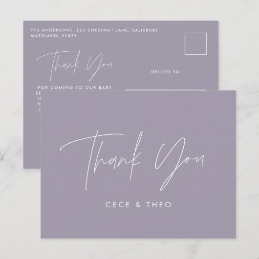 Baby shower dank u lila paarse elegant modern briefkaart (Voorkant / Achterkant)