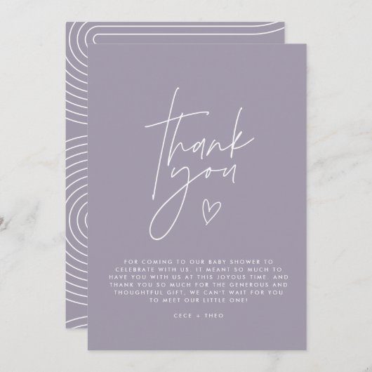 Baby shower dank u lila paarse elegant modern kaart (Voorkant / Achterkant)