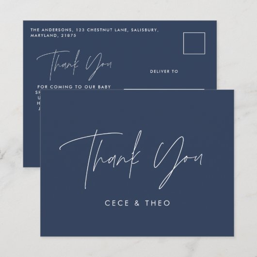 Baby shower dank u marineblauw elegant modern briefkaart (Voorkant / Achterkant)