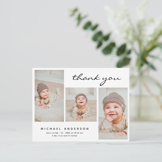 Baby shower Dank u moderne eenvoudige fotocollage Briefkaart (Staand voorkant)