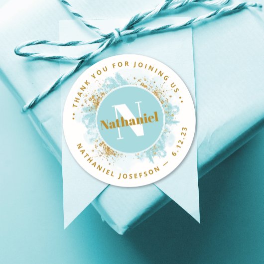 Baby shower Dank u Monogram Waterverf Glitter Ronde Sticker