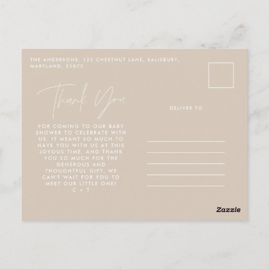 Baby shower dank u natuurlijk beige elegant modern briefkaart (Achterkant)