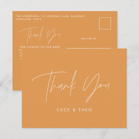 Baby shower dank u oranje elegant modern briefkaart (Voorkant / Achterkant)