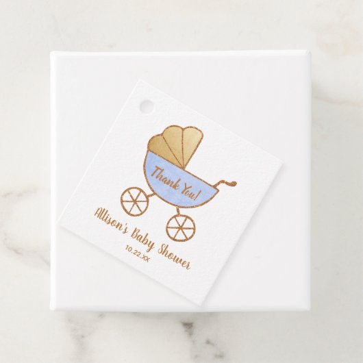 Baby shower Dank u Retro Boy Blue Carriage Bedankjes Labels (In situ)
