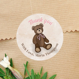 Baby shower Dank u roze teddybeer Ronde Sticker