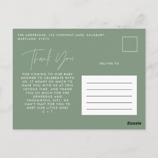 Baby shower dank u Sage Green Elegant Modern Briefkaart (Achterkant)
