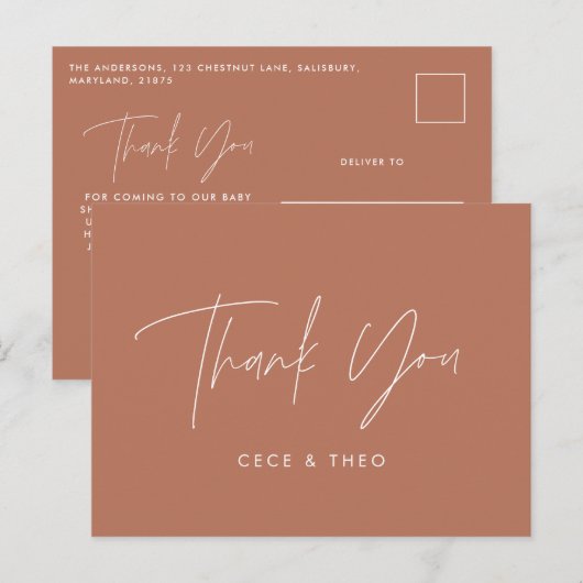 Baby shower dank u terracotta elegant modern briefkaart (Voorkant / Achterkant)