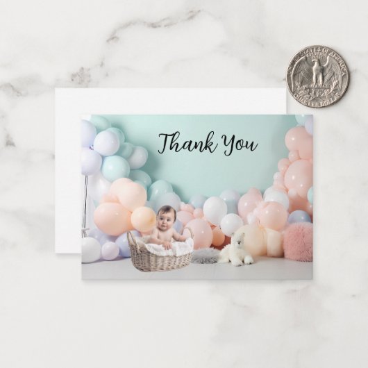 Baby shower Dank u voor ballonfotoachtergrond Notitiekaartje (Voorkant / Achterkant in situ)