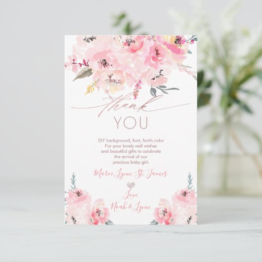 Baby shower Dank u voor uw geboorte Blush Peonies Bedankkaart (Staand voorkant)