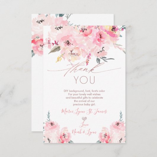 Baby shower Dank u voor uw geboorte Blush Peonies Bedankkaart (Voorkant / Achterkant)