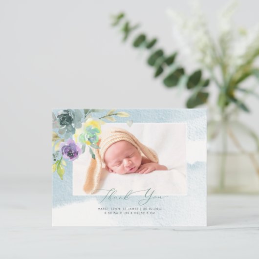 Baby shower Dank u Waterverf Dusty Blue Peony Briefkaart (Staand voorkant)