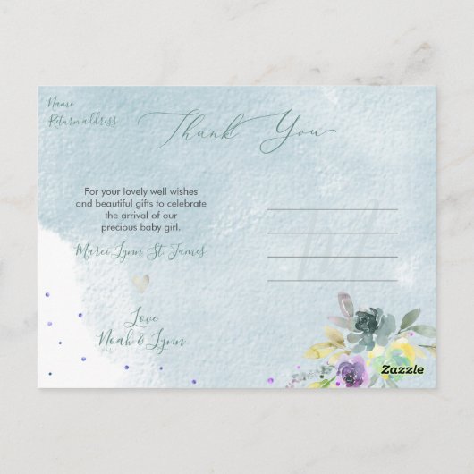 Baby shower Dank u Waterverf Dusty Blue Peony Briefkaart (Achterkant)