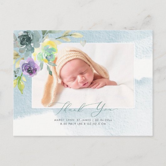 Baby shower Dank u Waterverf Dusty Blue Peony Briefkaart (Voorkant)