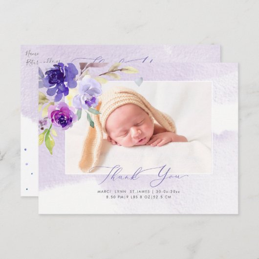 Baby shower Dank u Waterverf Violet Rozen Briefkaart (Voorkant / Achterkant)